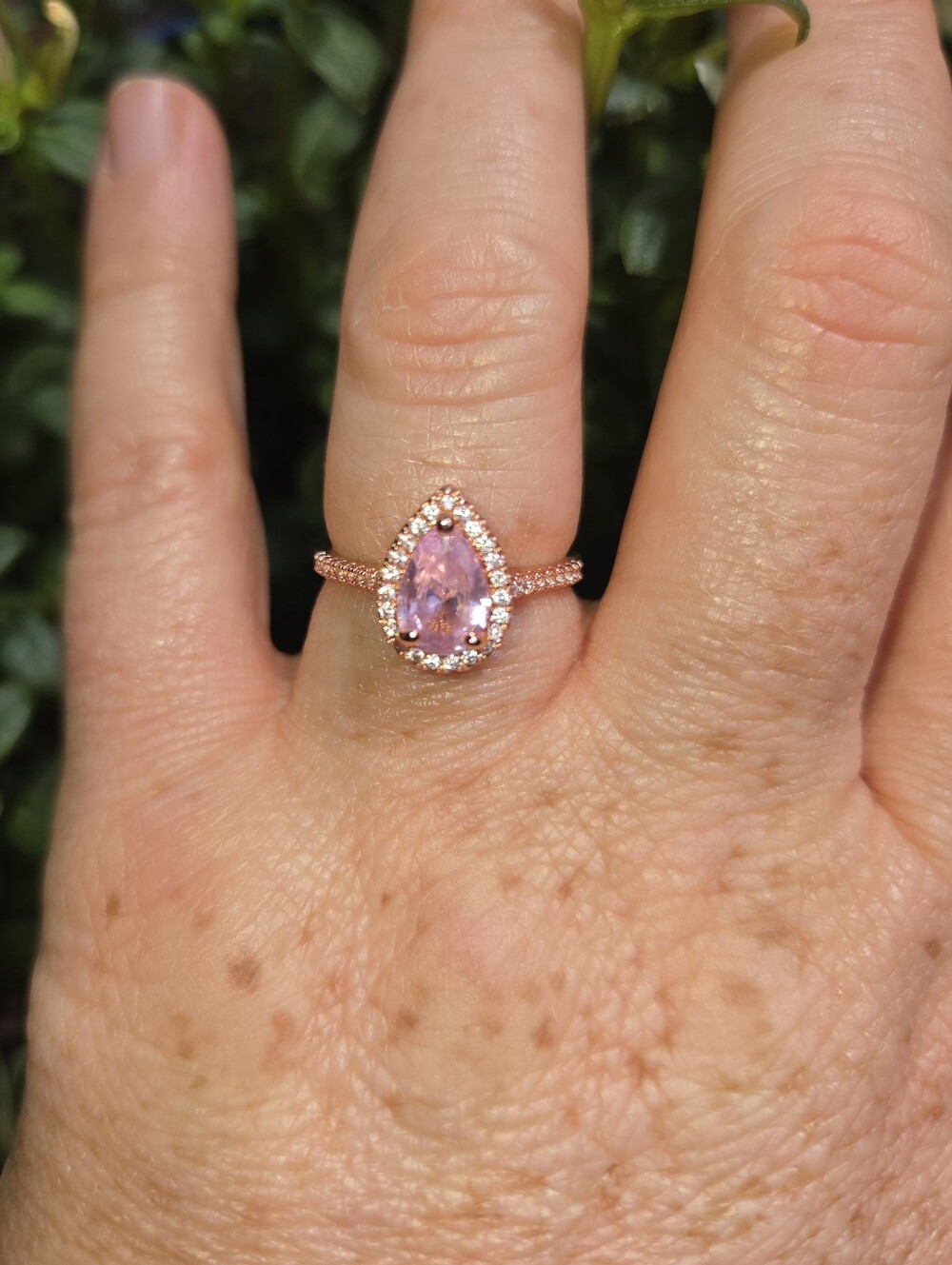 S925 Sterling Silver Pink Pear Cut Halo Ring Rose Gold Plated Size 7